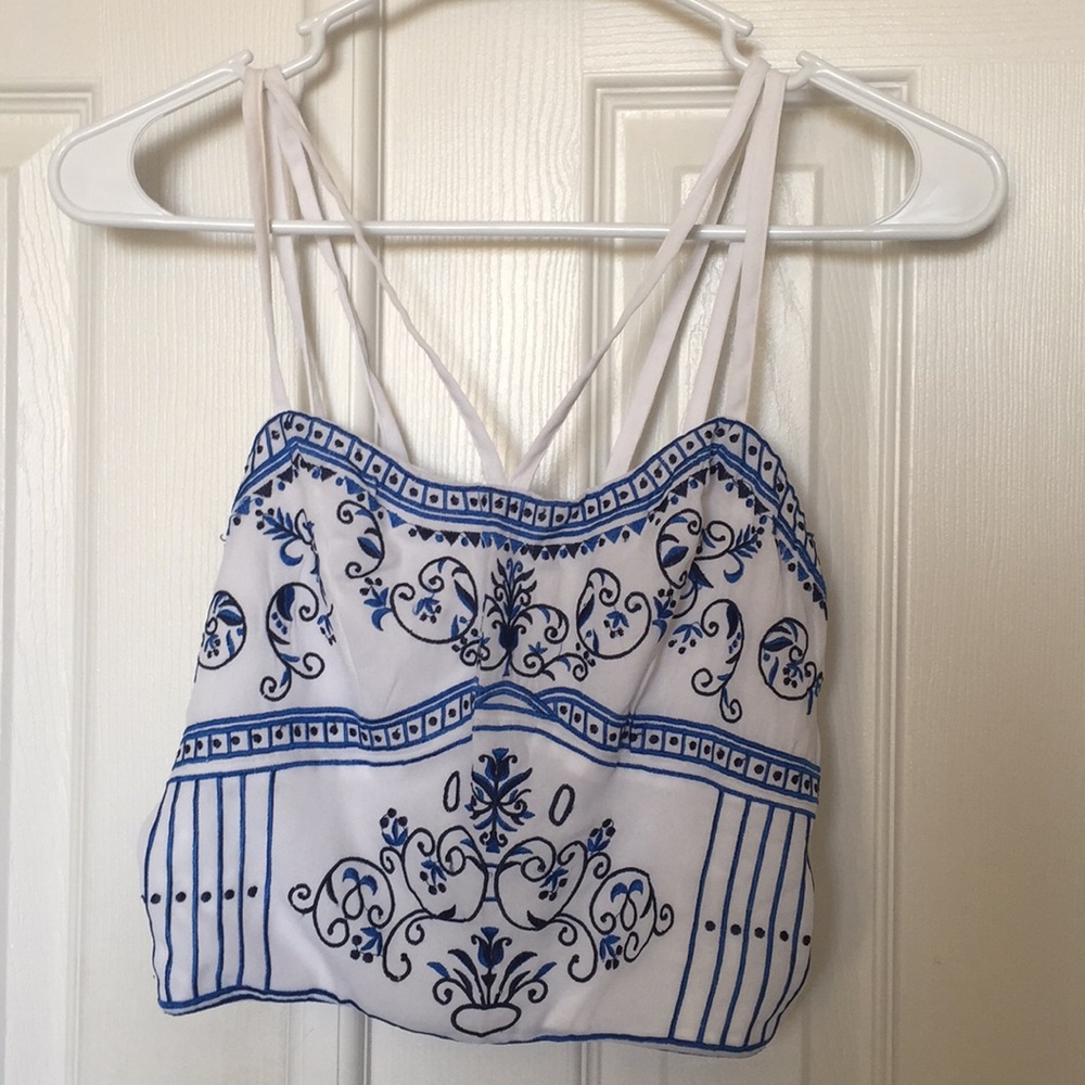 Embroidered White/Blue Crop Top